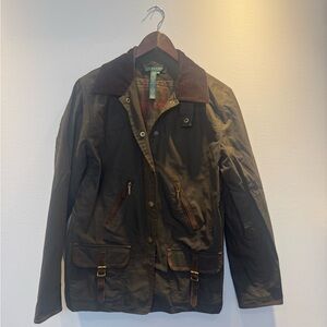 Lauren Ralph Lauren Olive Green Waxed Cotton Jacket with Brown Trim